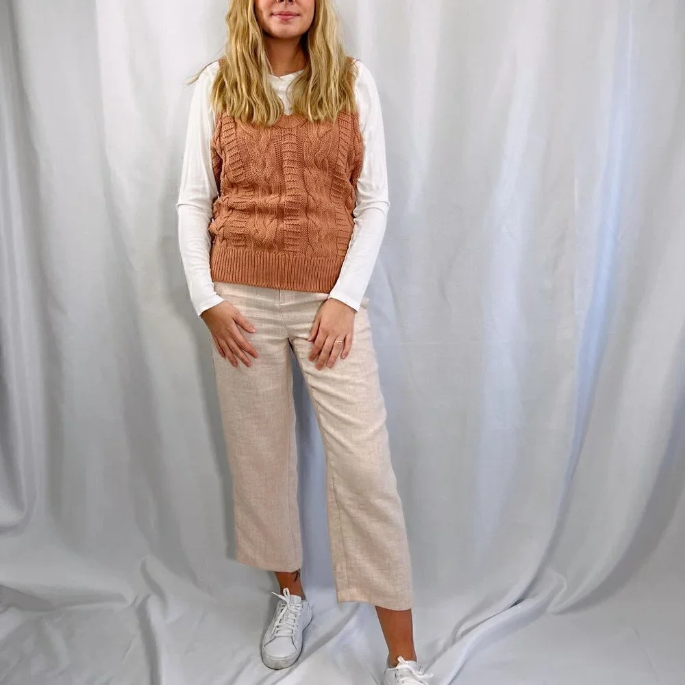 Cropped lightweight woven khaki straight leg high waisted trousers - Picture 2 of 5